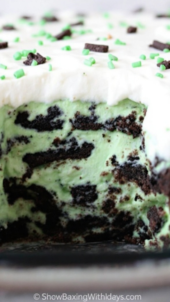 A slice of mint green Shamrock Lasagna dessert with chocolate layers and sprinkles on top.