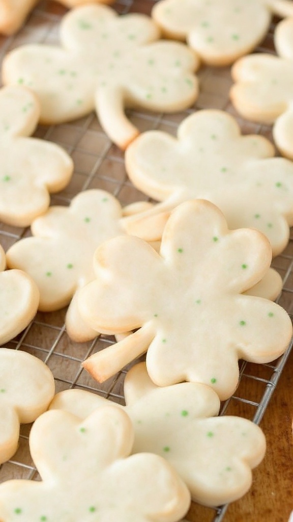 A variety of vanilla bean shamrock cookies in different shapes and green decorations