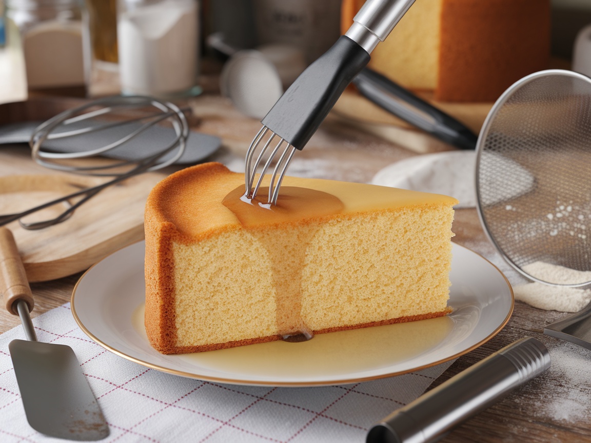 A slice of cake with syrup being drizzled on it, surrounded by baking tools and ingredients.