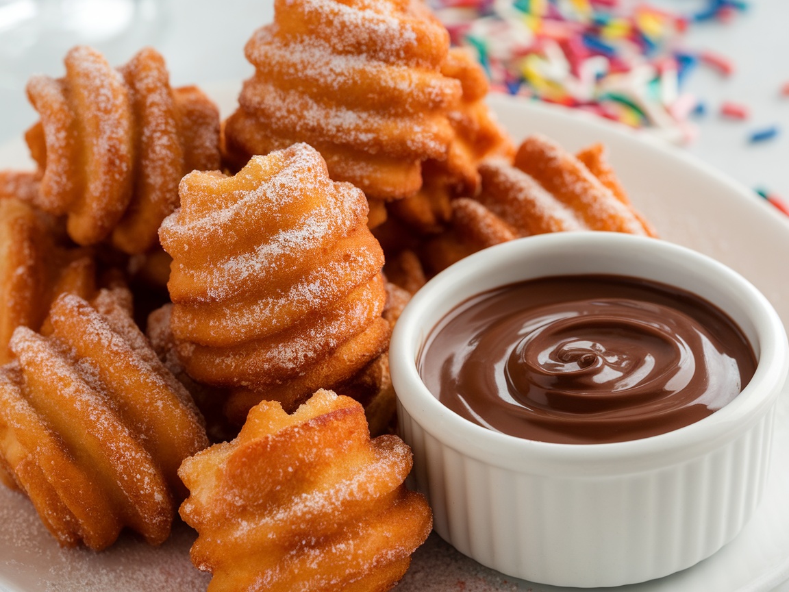 A plate of churro bites with chocolate sauce, sprinkled with cinnamon sugar and colorful sprinkles.