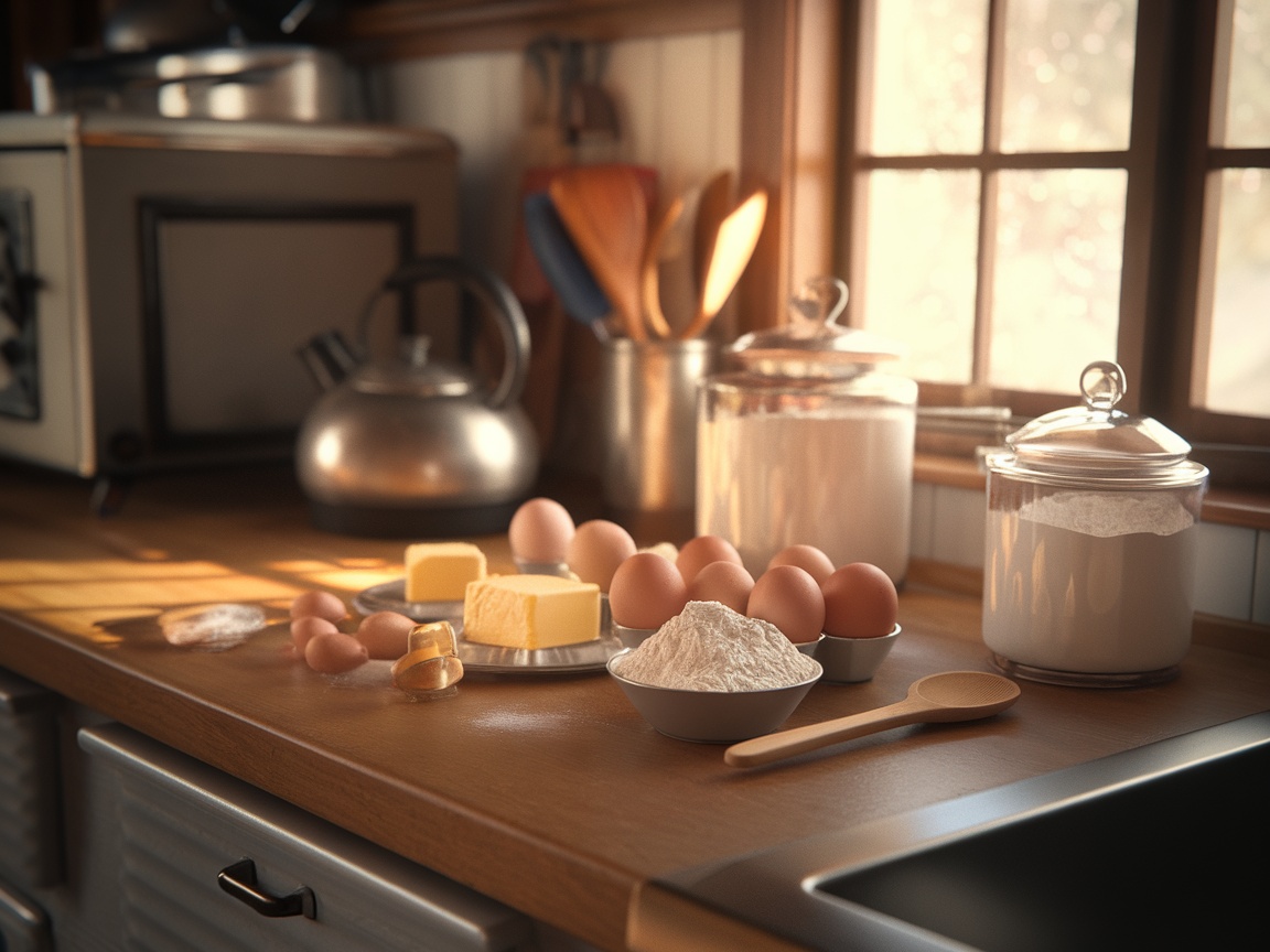 A kitchen counter with room temperature ingredients, including eggs, butter, and flour, ready for baking.