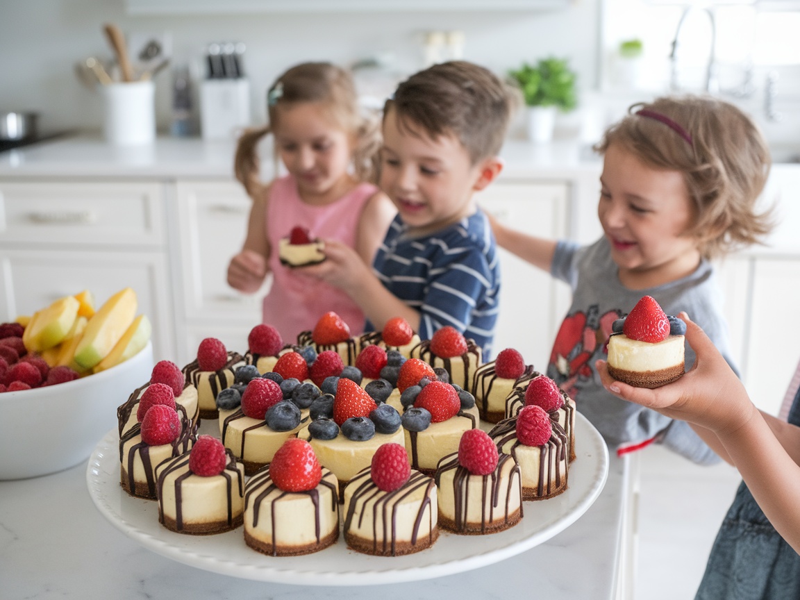 Kids making mini cheesecake bites with berries