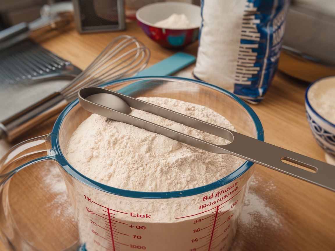 A measuring cup filled with flour and a leveling tool resting on top.