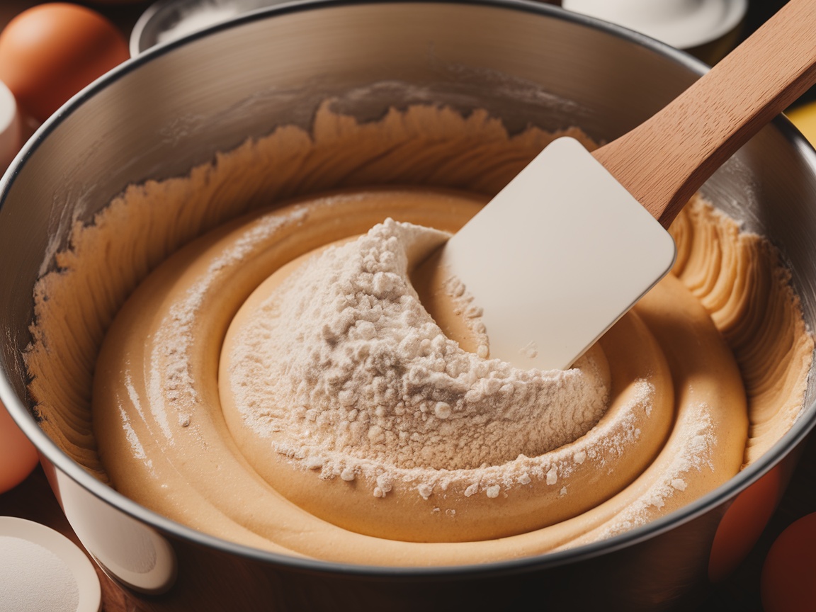 A bowl of batter with flour being folded in using a spatula.