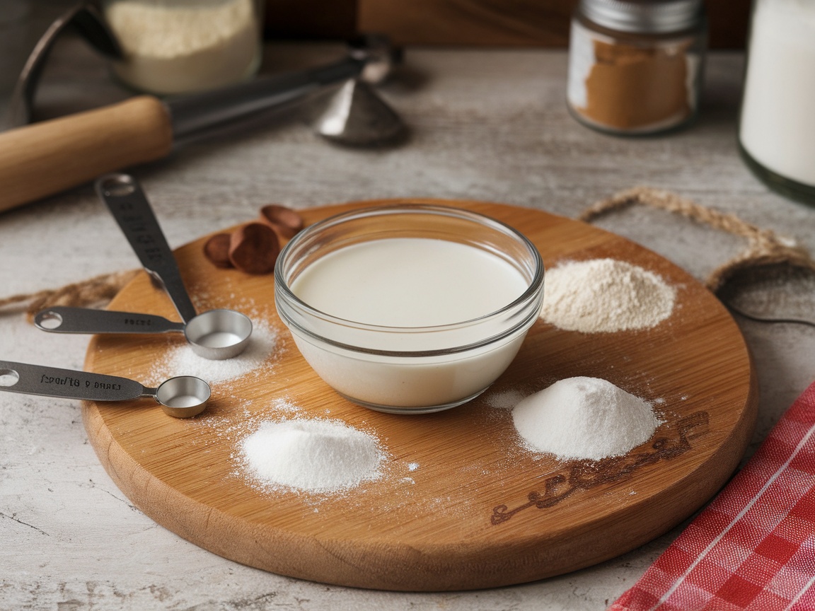 A wooden board with a small bowl of liquid, measuring spoons, and various dry baking ingredients, illustrating a DIY buttermilk substitute.