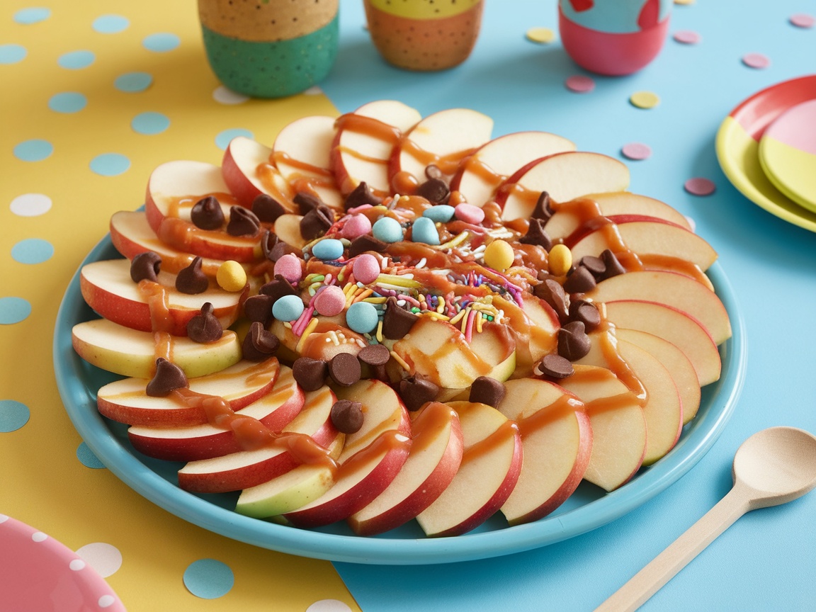 A colorful platter of apple nachos with caramel drizzle and toppings, set in a lively room.