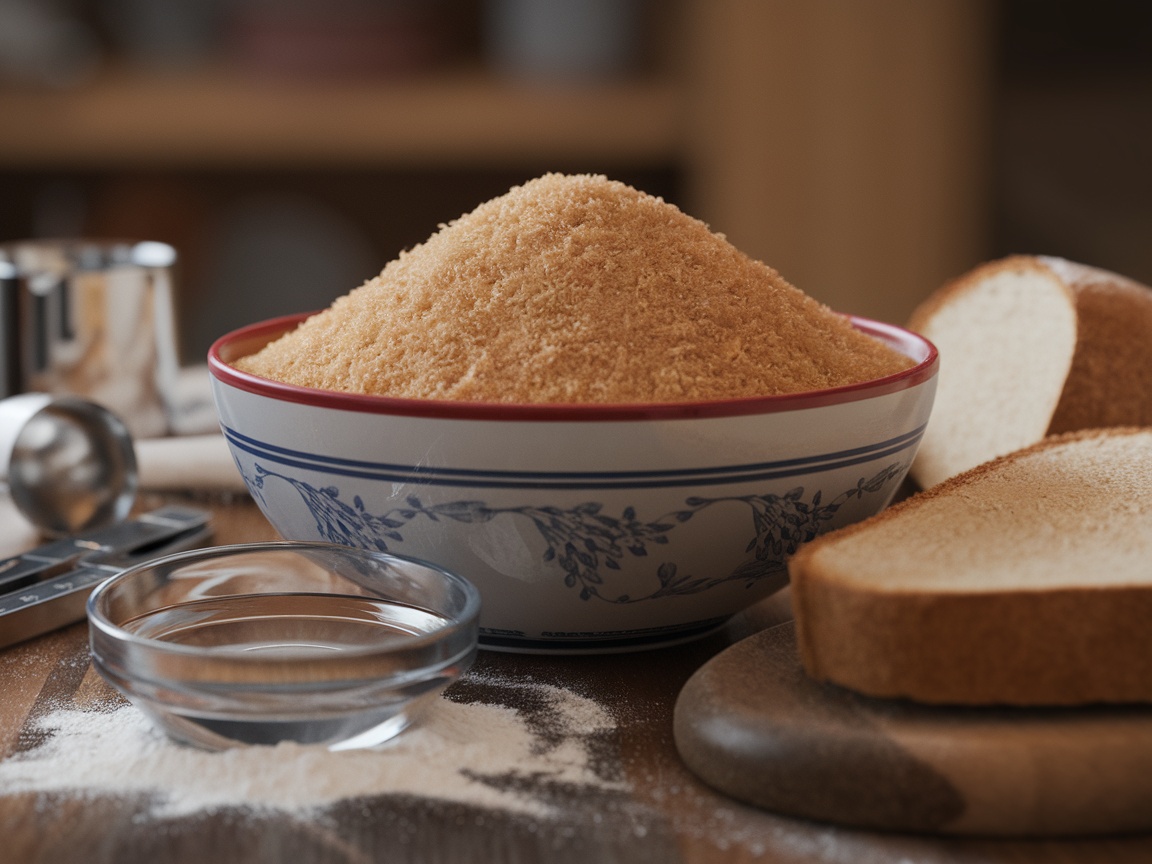 A bowl of soft brown sugar surrounded by baking tools and bread slices.