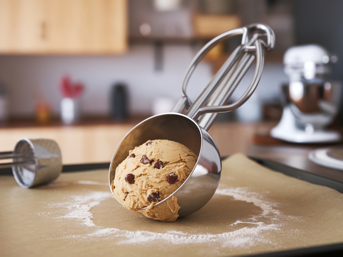 An ice cream scoop filled with cookie dough on a baking sheet.