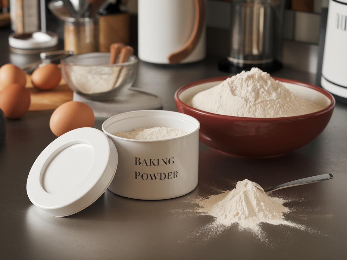 Container of baking powder and a bowl of flour on a kitchen counter