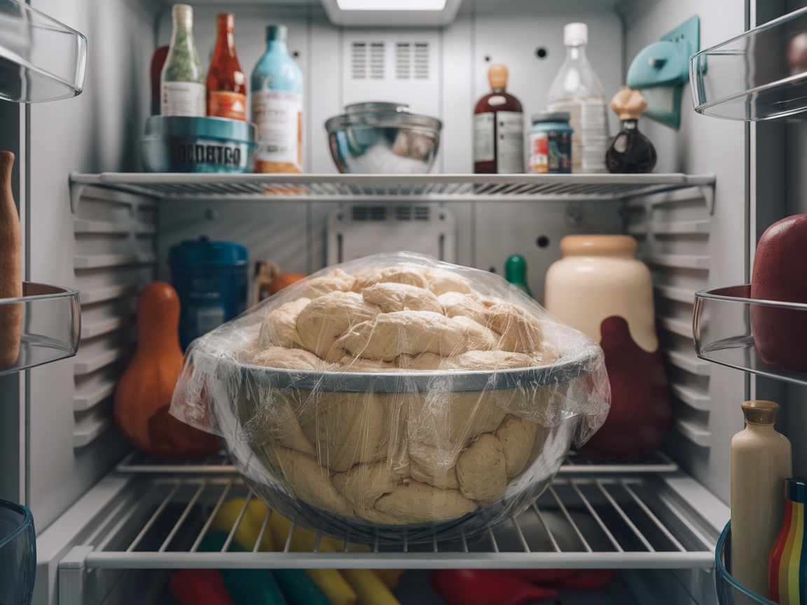 A bowl of dough covered with plastic wrap inside a refrigerator, surrounded by various condiments and bottles.