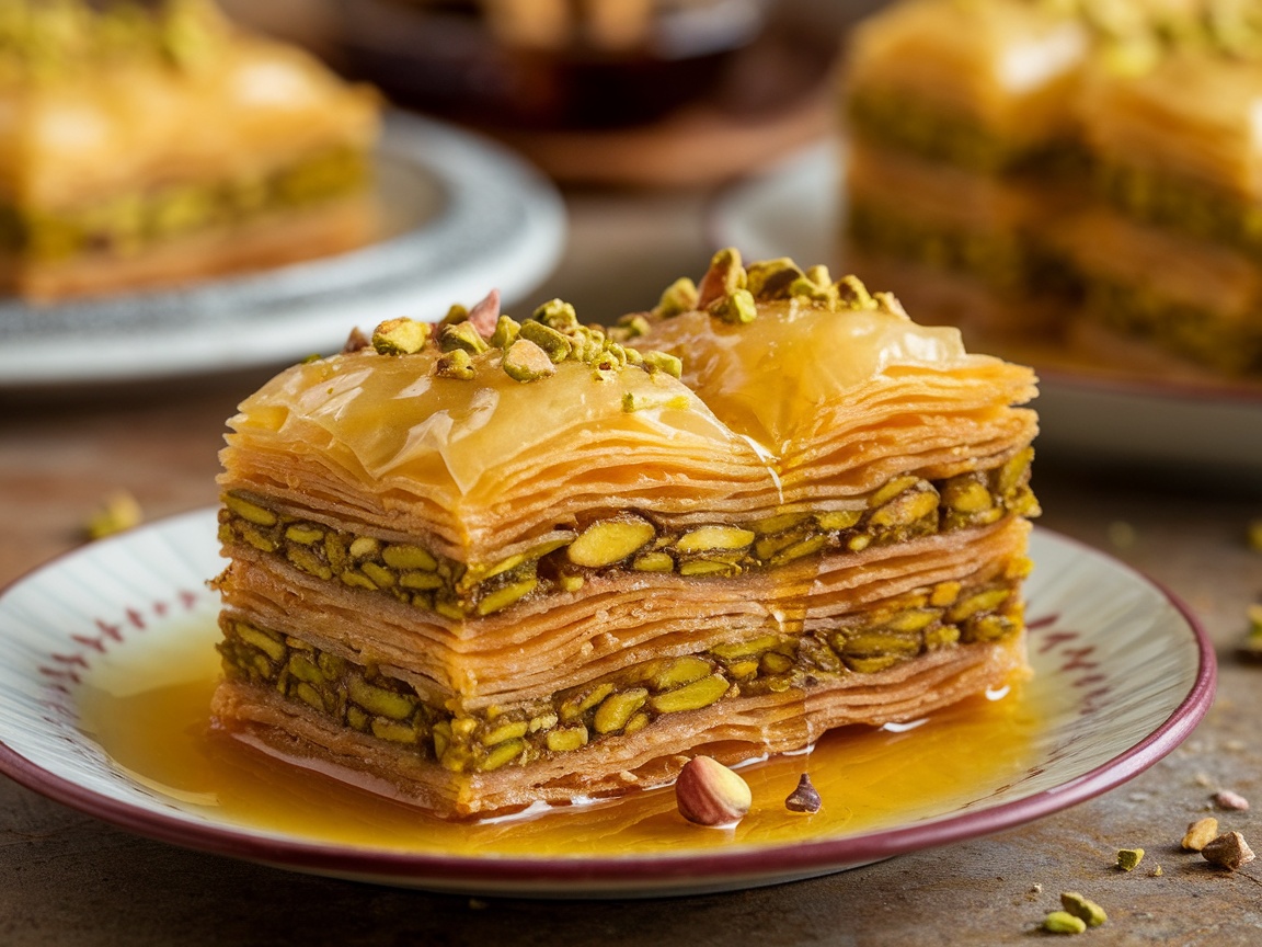 A tray of freshly baked pistachio baklava with a rich golden color, showcasing the layers and texture, set against a festive backdrop.