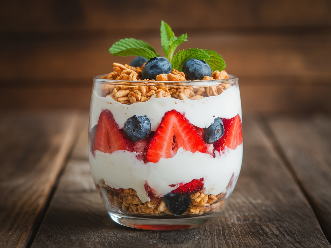 A layered Greek yogurt parfait with strawberries, blueberries, and granola in a glass with mint leaves.