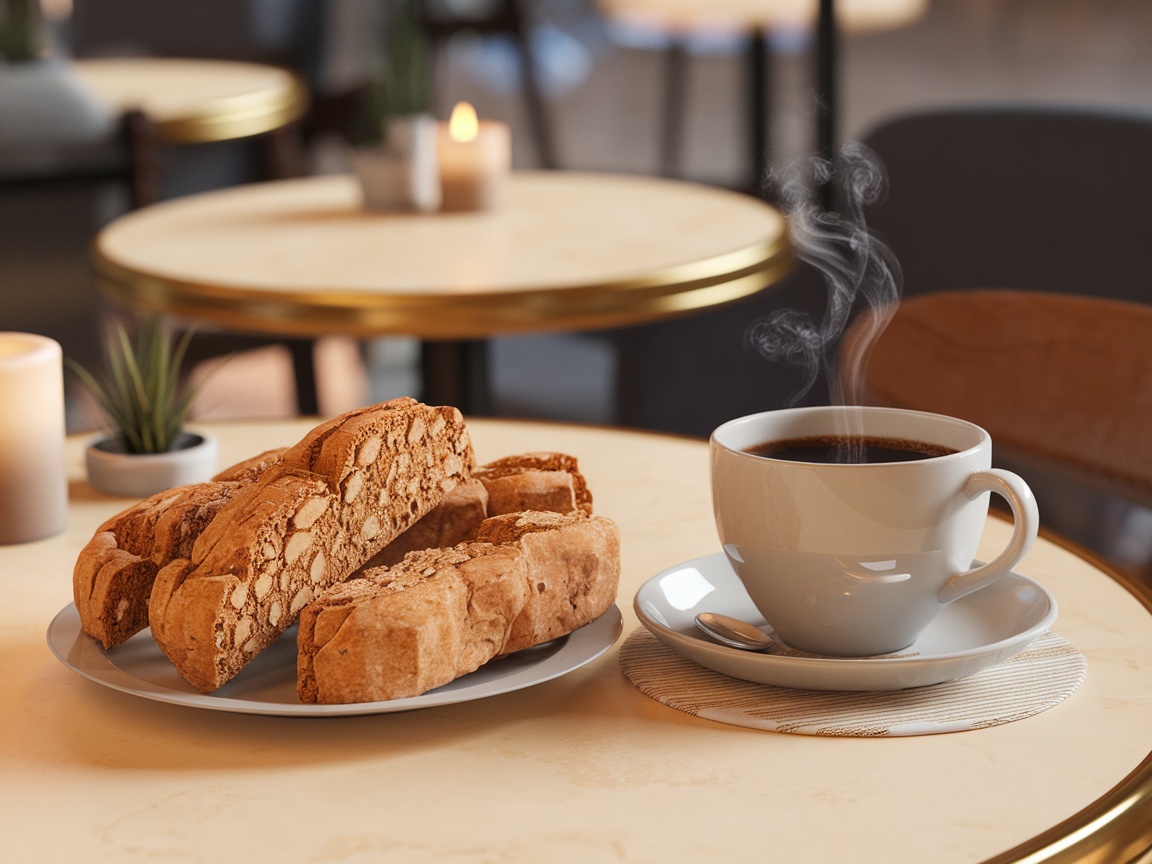 A plate of almond biscotti next to a steaming cup of coffee on a table