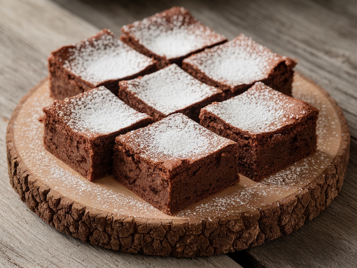 A plate of almond flour brownies dusted with powdered sugar