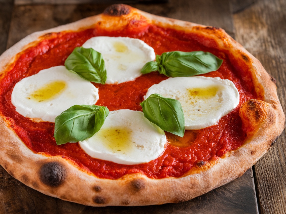 A delicious Pizza Marinara topped with marinara sauce, fresh mozzarella, and basil on a rustic wooden table.