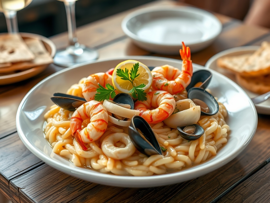 Seafood Risotto Frutti di Mare with calamari, shrimp, and mussels, garnished with parsley, served with a glass of white wine.