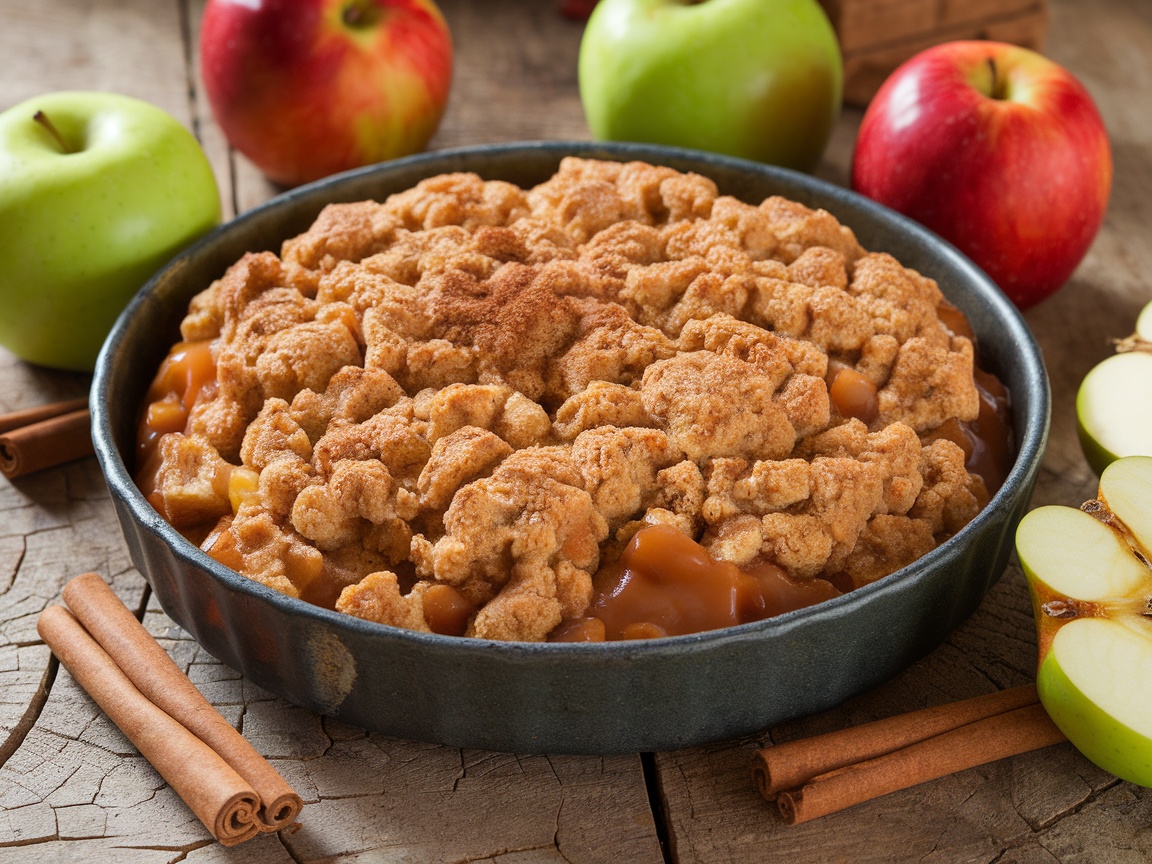 A delicious caramel apple crumble dessert with a golden crust, surrounded by fresh apples and cinnamon sticks.