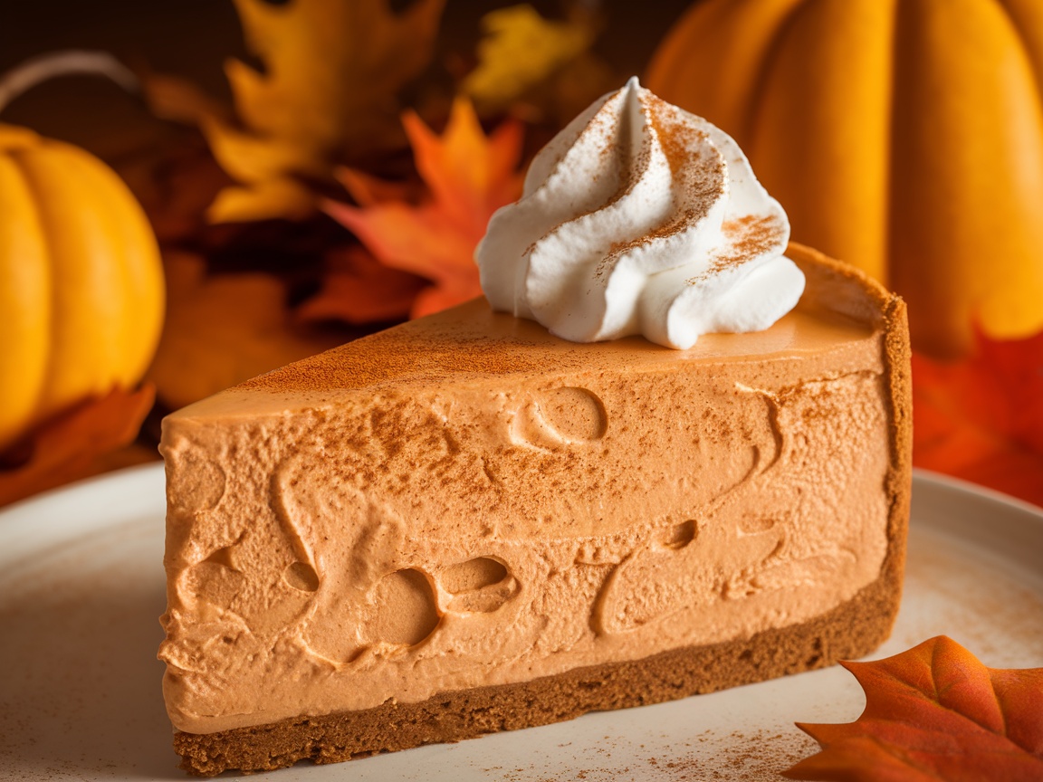 A slice of pumpkin spice cheesecake topped with whipped cream, surrounded by autumn leaves and decorative pumpkins.