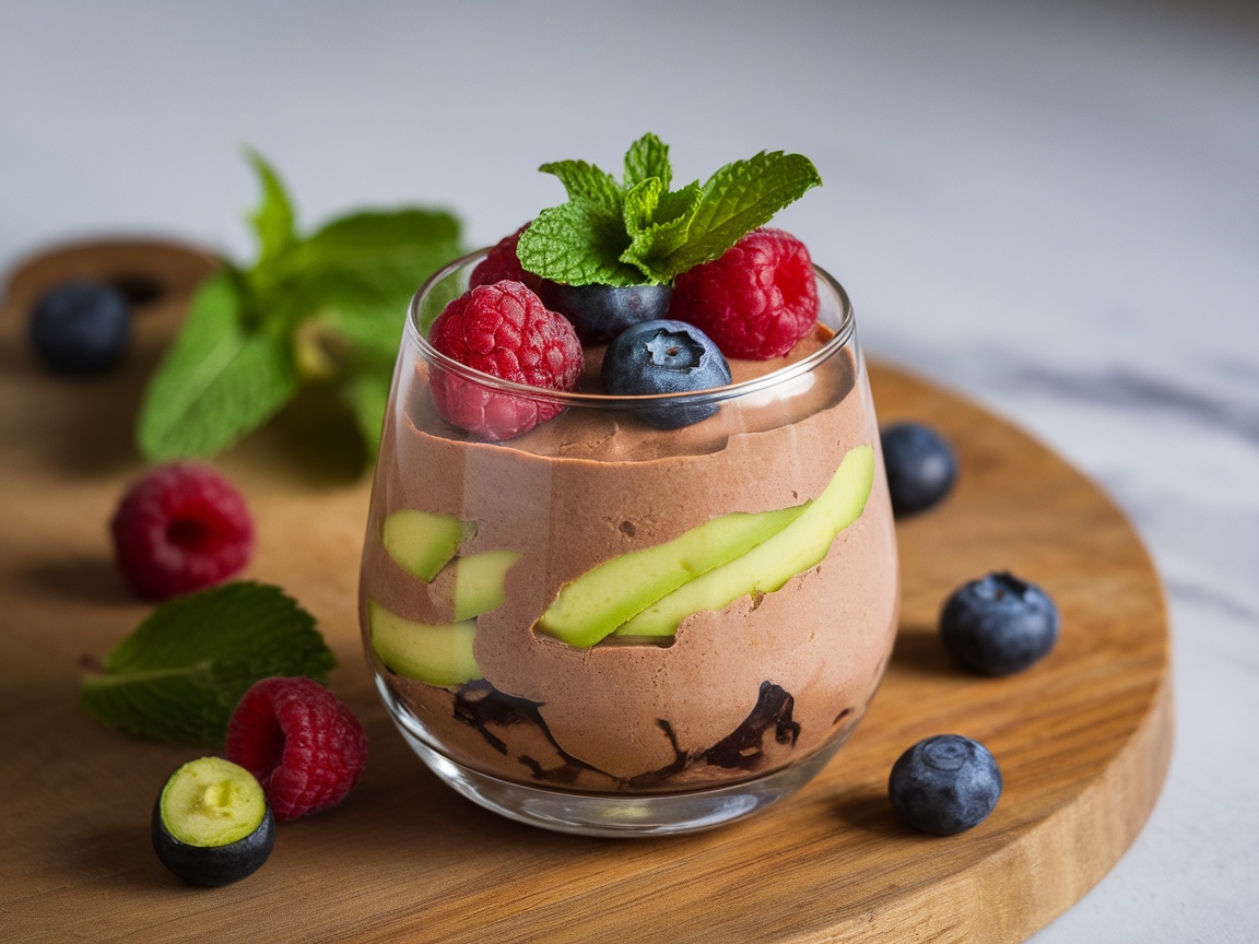 A glass of avocado chocolate mousse topped with strawberries, raspberries, blueberries, and mint leaves.