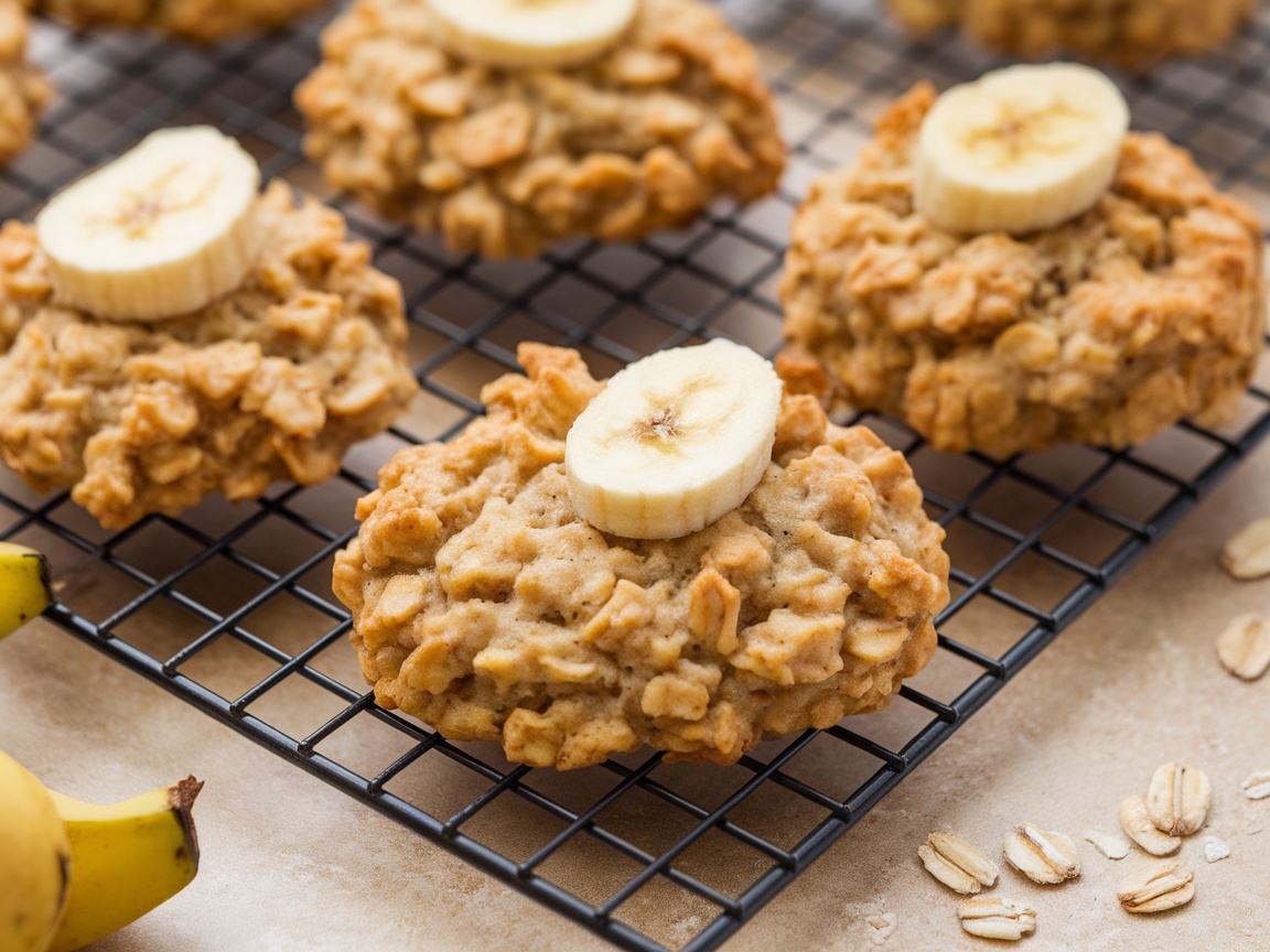 Banana oatmeal cookies on a cooling rack, with fresh banana slices on top