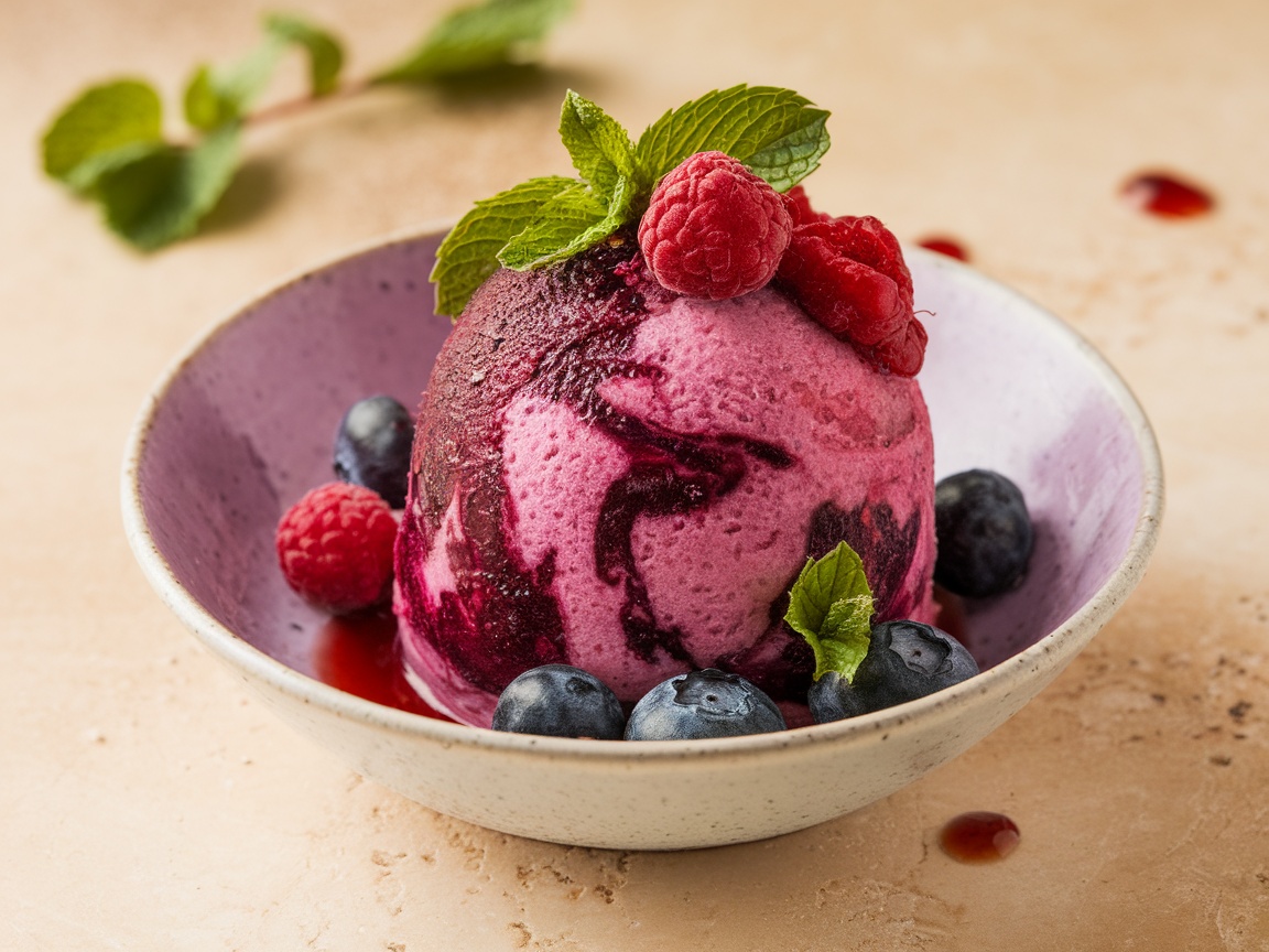 A bowl of berry sorbet topped with raspberries, blueberries, and mint leaves.