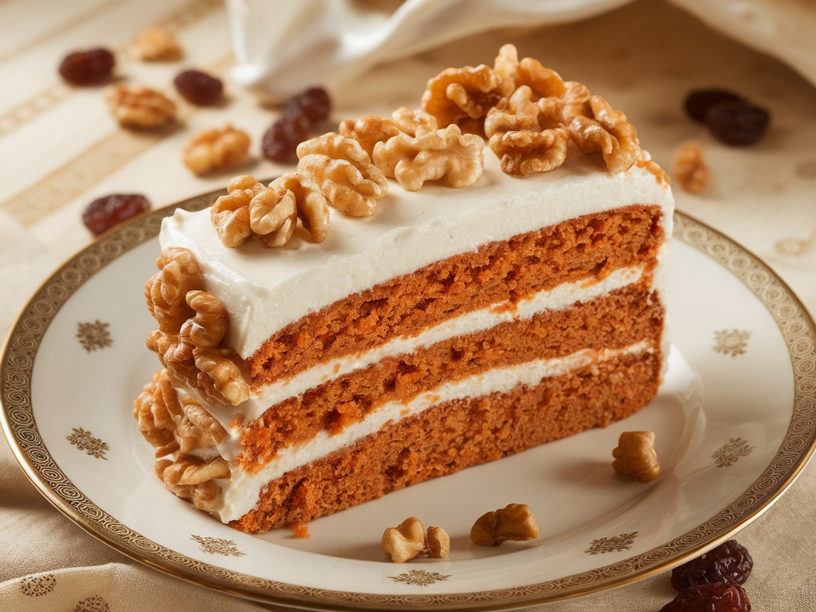 A slice of carrot cake with cream cheese frosting topped with walnuts on a decorative plate.