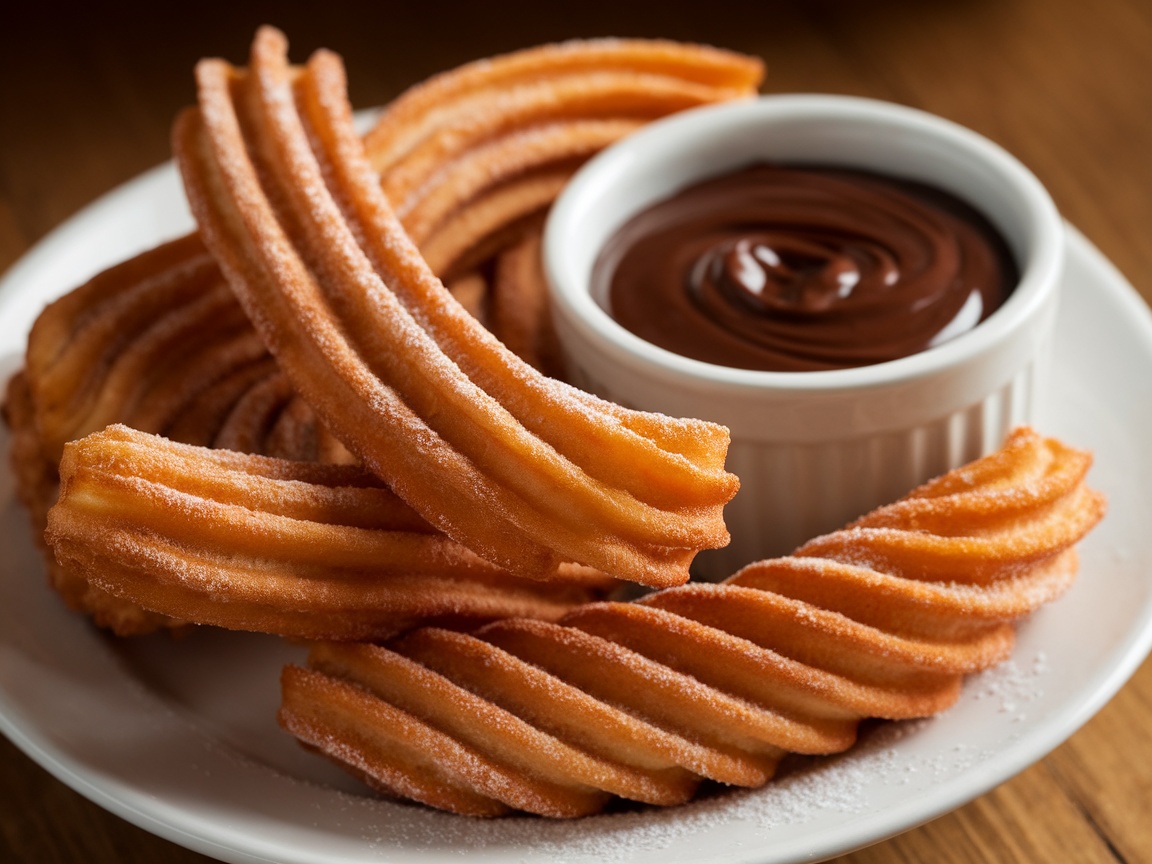 Plate of churros with sugar and a small bowl of chocolate sauce