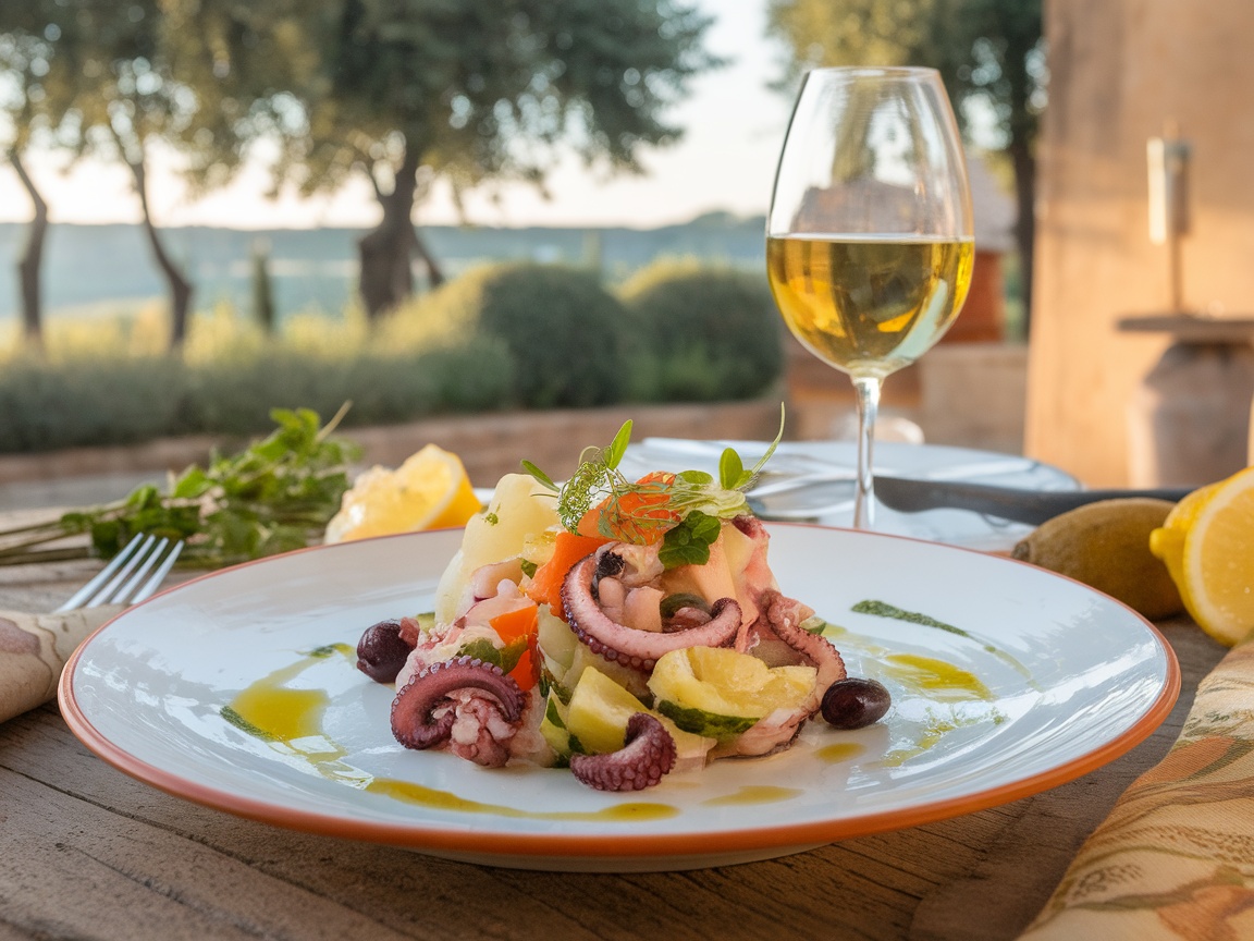 A plate of Italian octopus salad with potatoes, garnished with parsley and lemon, on a rustic table.