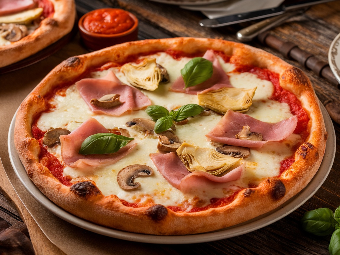 Authentic Pizza Capricciosa Recipe with Artichokes and Mozzarella Delicious Pizza Capricciosa with mozzarella, artichokes, ham, and mushrooms on a wooden table.