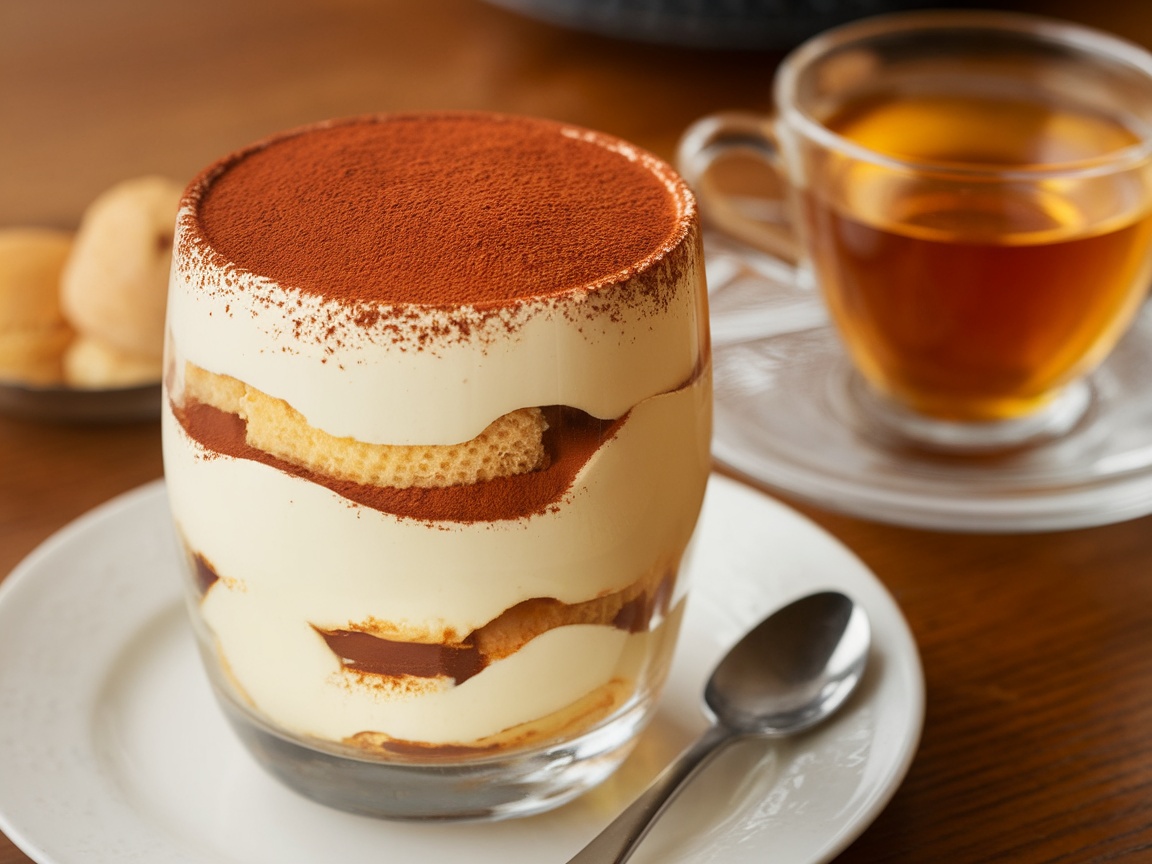 A glass of tiramisu layered dessert with a cup of tea in the background.