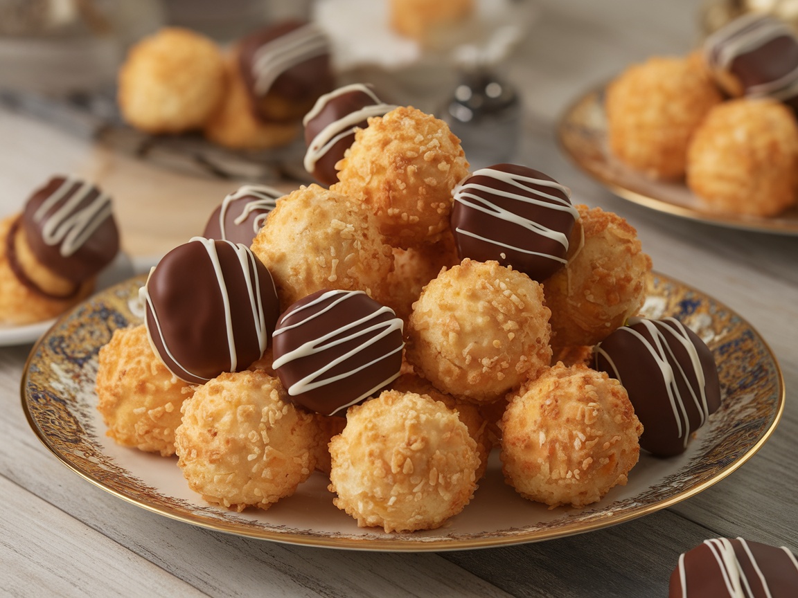 A plate of coconut macaroons, some with chocolate coating and white chocolate drizzle, showcasing a tempting dessert option.