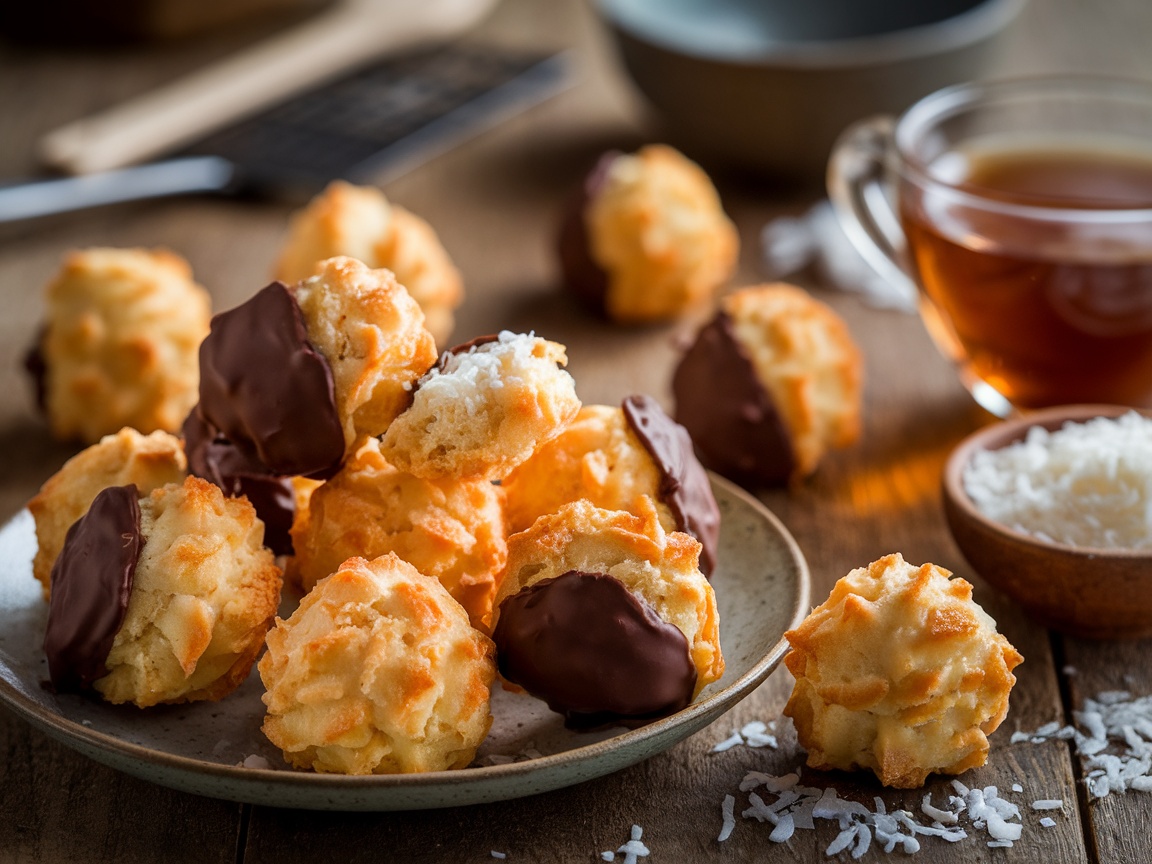 Golden coconut macaroons, some dipped in chocolate, on a wooden table with a bowl of shredded coconut.