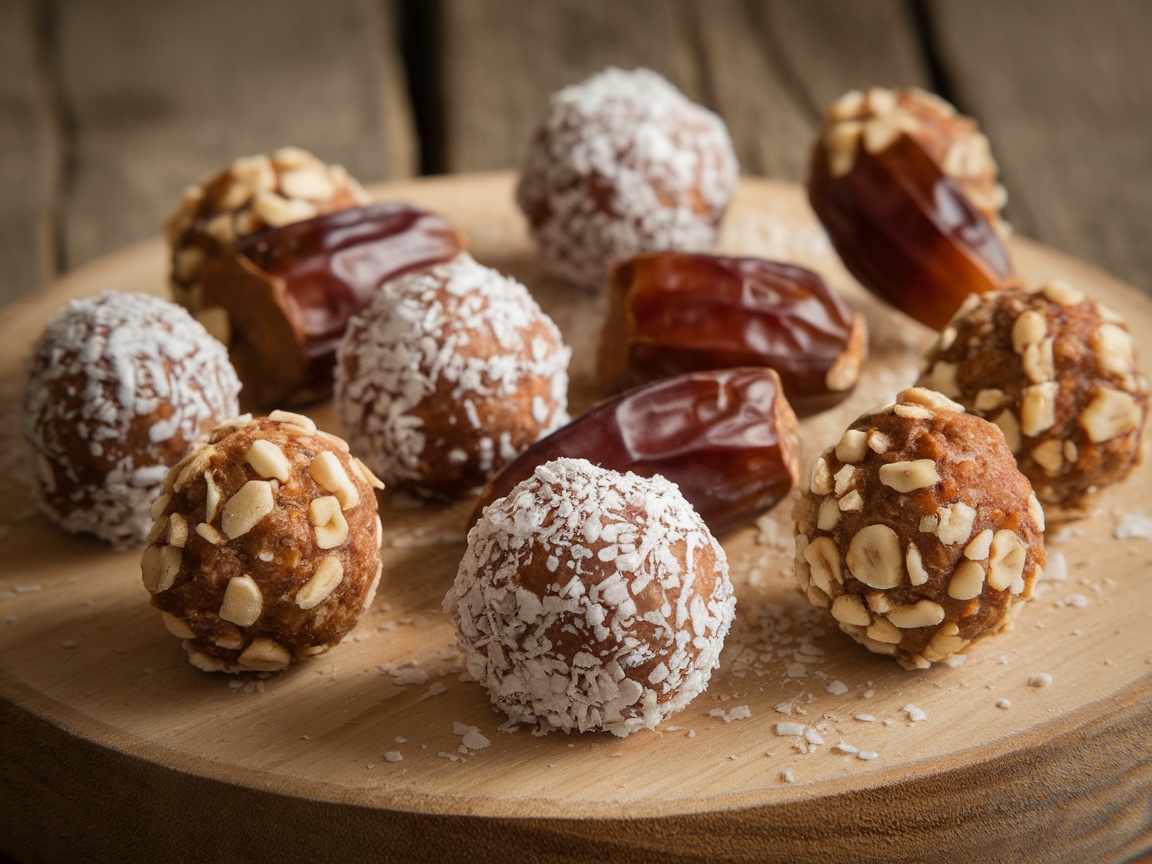 A plate of Date and Nut Energy Balls with coconut flakes and whole dates