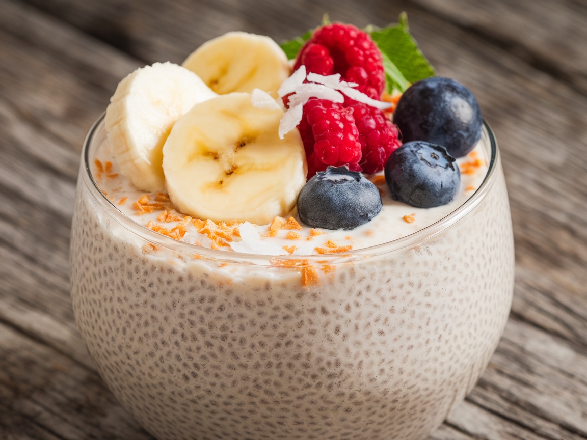 A bowl of Coconut Chia Seed Pudding with banana slices and berries, garnished with coconut, on a wooden table.