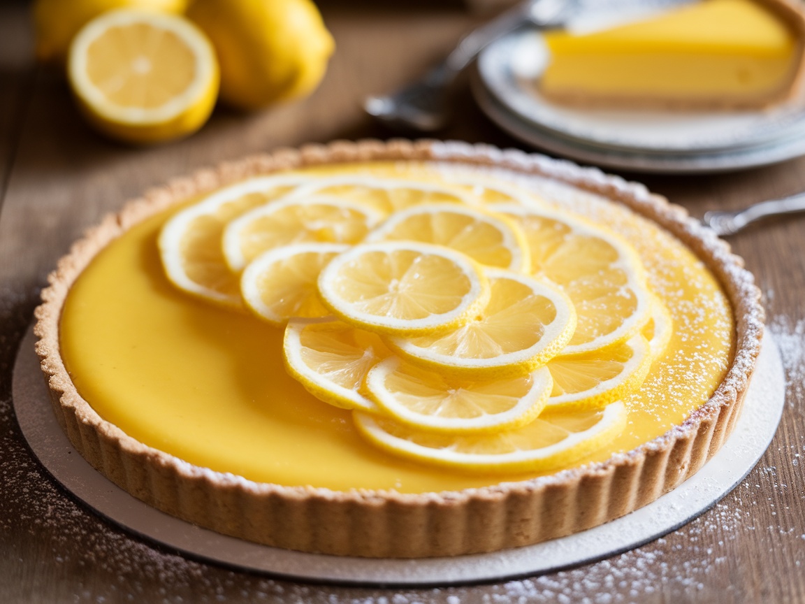 A classic French lemon tart with a golden crust and glossy lemon filling, garnished with lemon slices and powdered sugar.