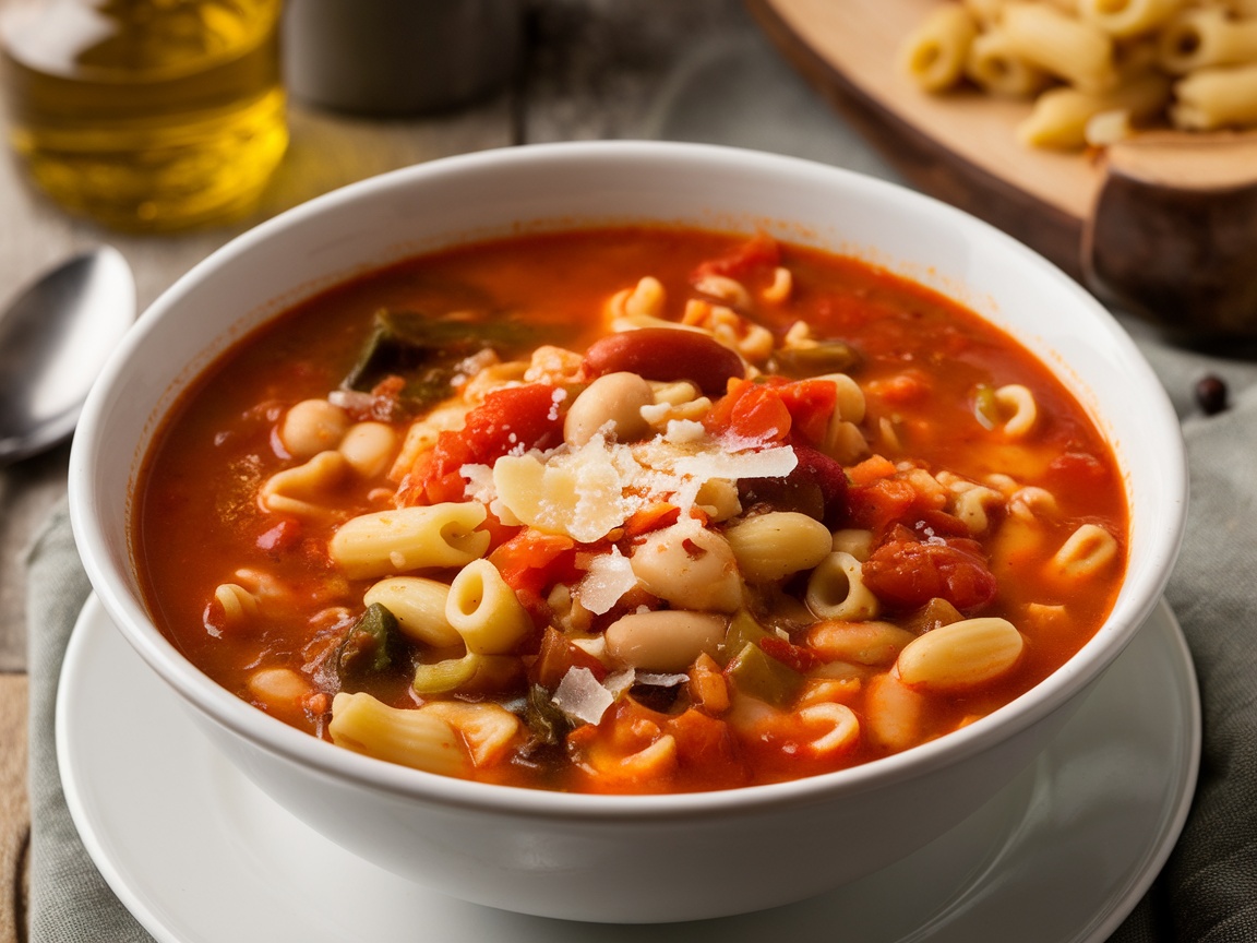 Hearty Pasta e Fagioli Soup Recipe A bowl of Pasta e Fagioli soup with pasta and beans, garnished with Parmesan cheese, on a rustic wooden table with bread.