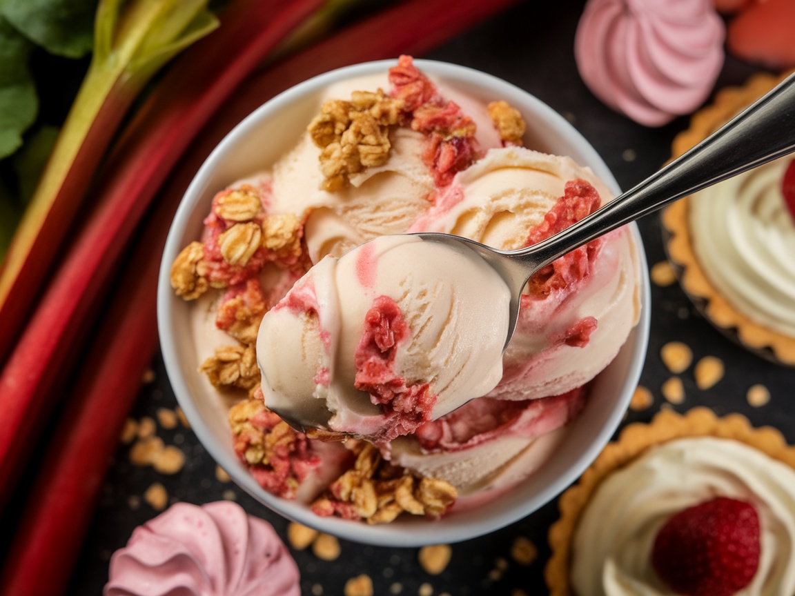 A bowl of rhubarb crisp ice cream with oat clusters and strawberry sauce on a rustic table.