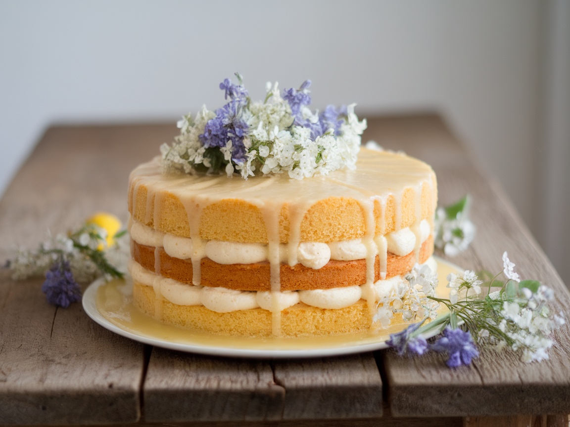 A Lemon Elderflower Drizzle Cake with lemon glaze and garnished with lemon slices and elderflower blossoms.