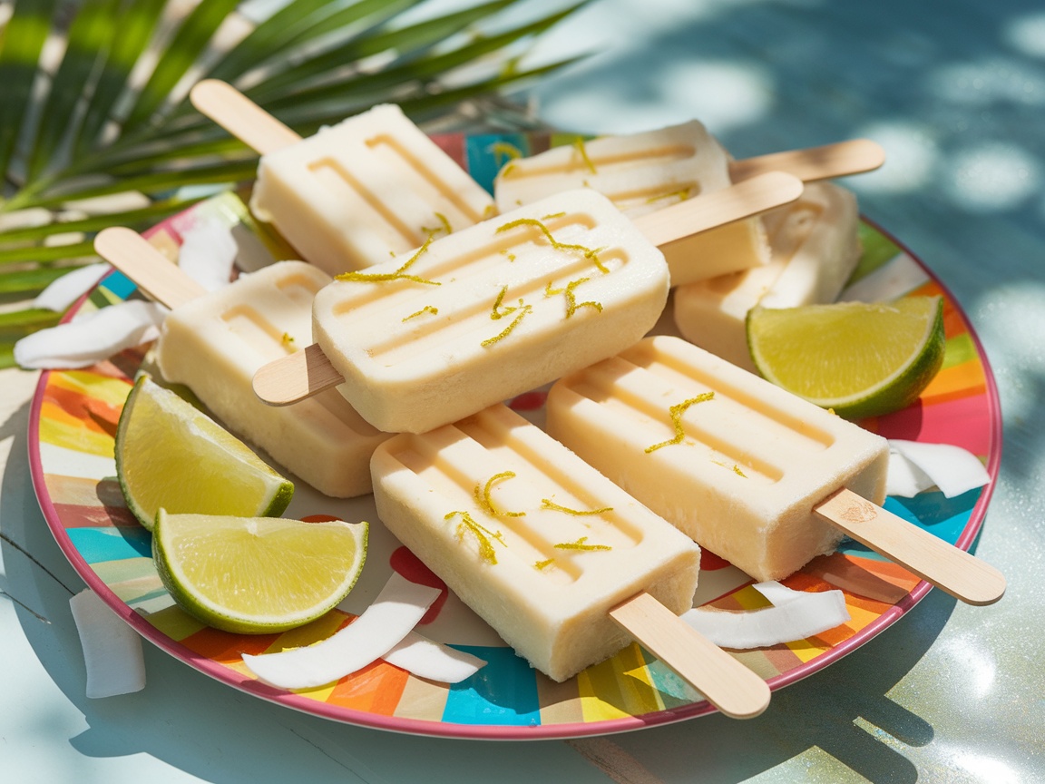 A plate of coconut lime popsicles with lime wedges and coconut shavings, set in a sunny outdoor environment.