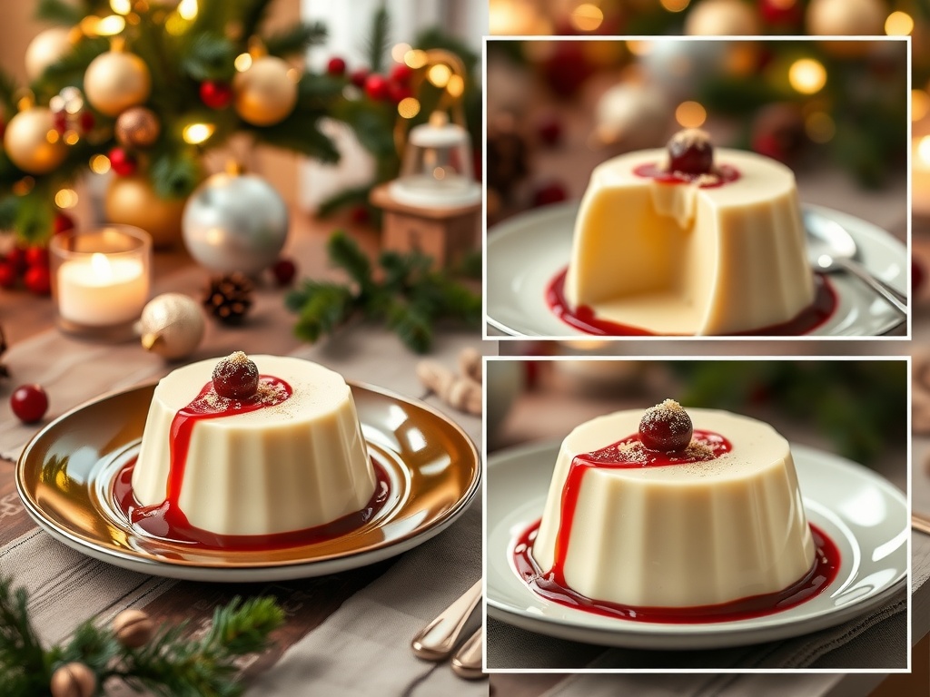 Eggnog Panna Cotta in dessert cups with cranberry sauce and mint, set in a cozy holiday atmosphere.