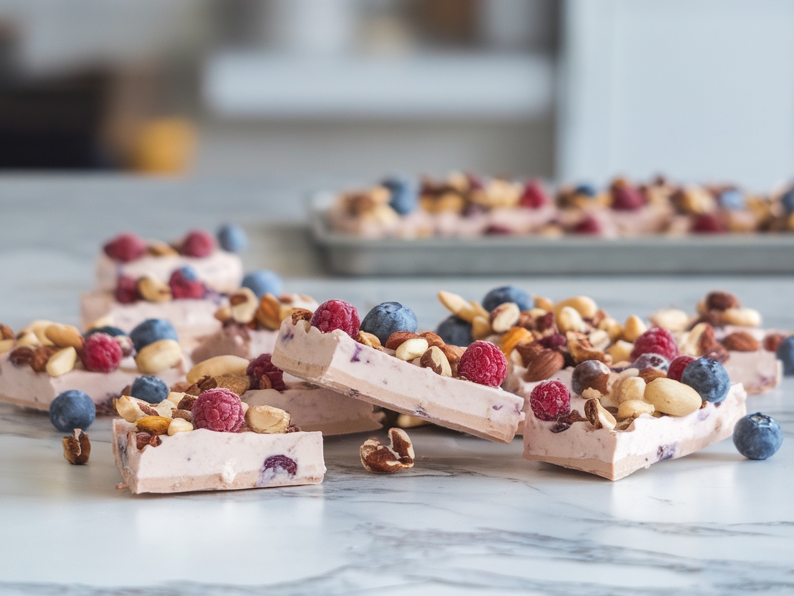 Frozen yogurt bark topped with nuts and various berries on a marble surface