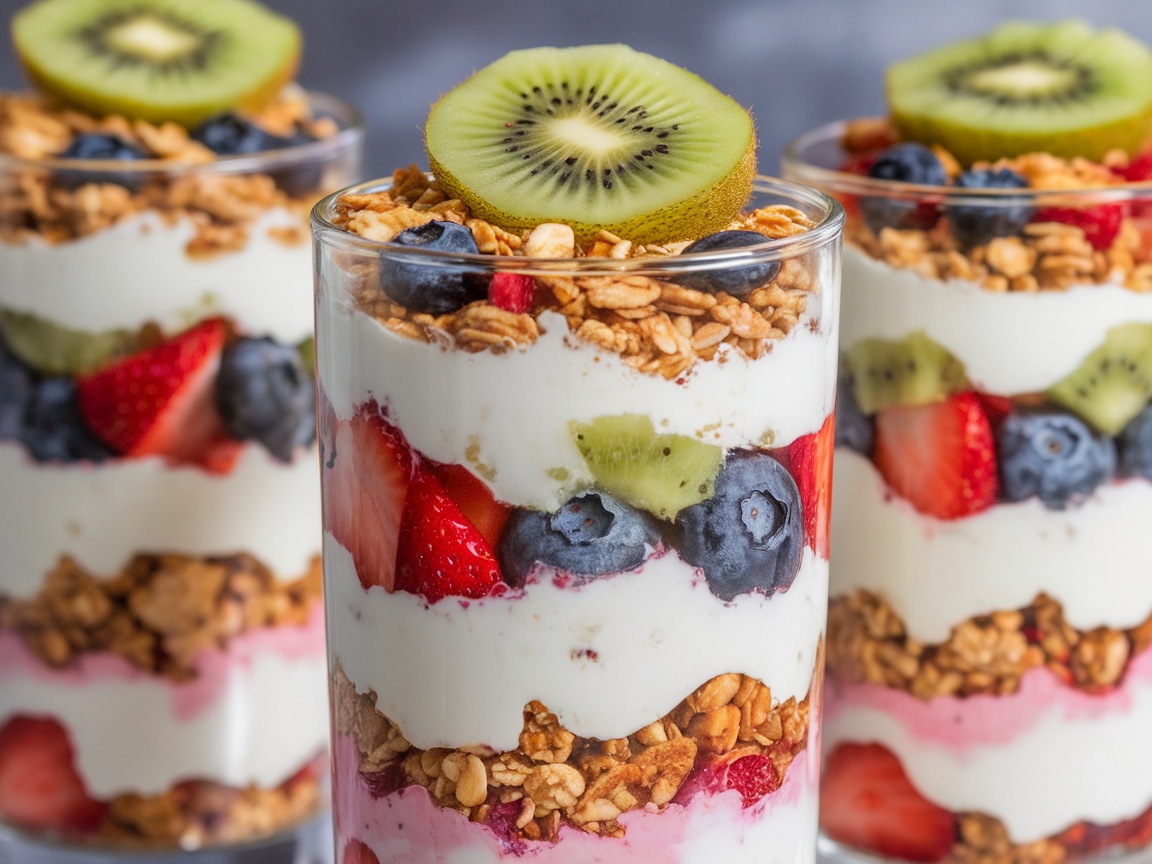 Three glasses of Greek yogurt parfait layered with granola, berries, and mango