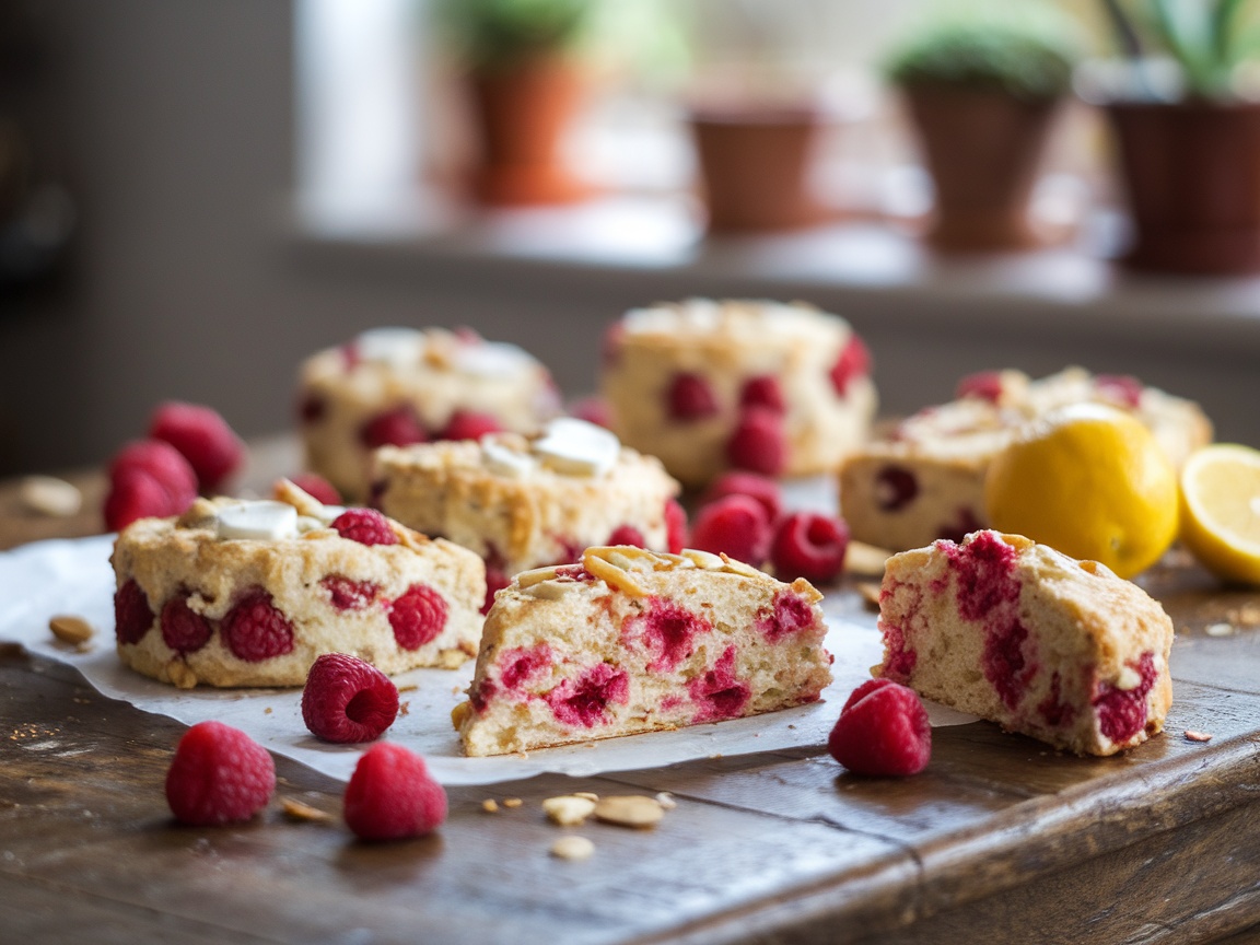 Freshly baked raspberry almond scones on a rustic plate with sliced almonds and powdered sugar.