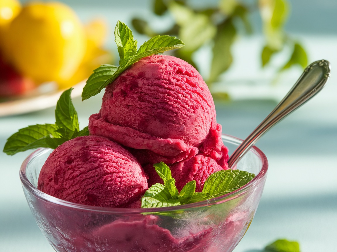 Raspberry mint sorbet in a bowl, garnished with mint leaves, set in a bright outdoor summer scene.