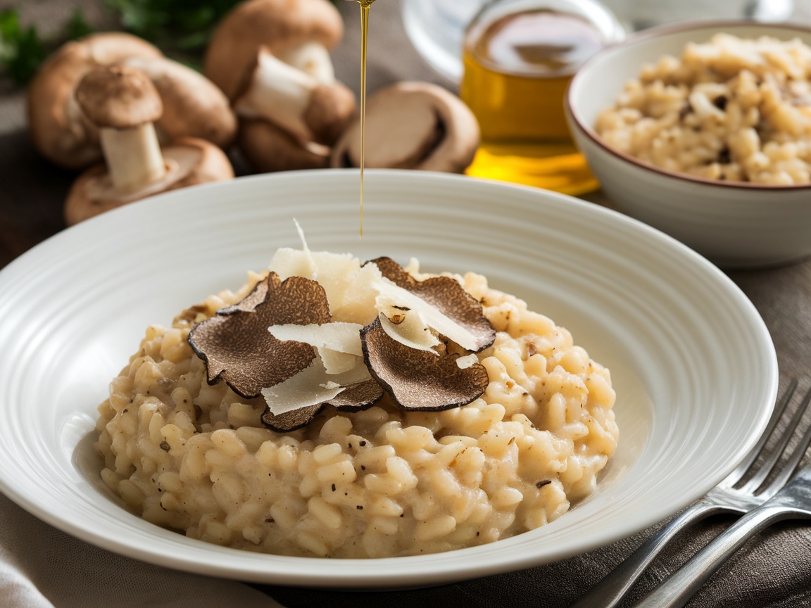 Creamy Parmesan Truffle Risotto Recipe A bowl of creamy Parmesan Truffle Risotto garnished with truffle shavings and parsley, served with a glass of white wine.