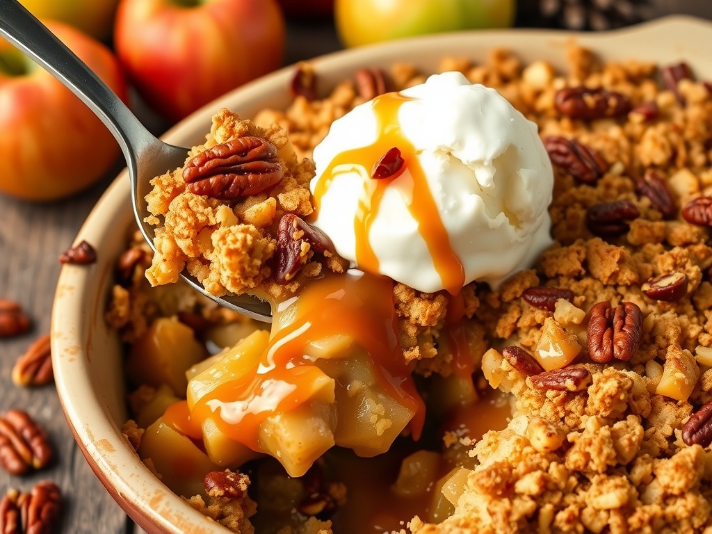 A delicious caramel apple crumble in a baking dish, topped with caramel sauce and served with a scoop of vanilla ice cream, surrounded by fresh apples.