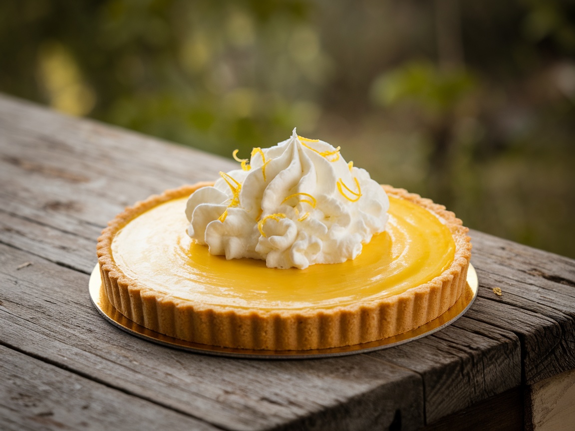 A delicious lemon tart topped with whipped cream and lemon zest on a wooden table.