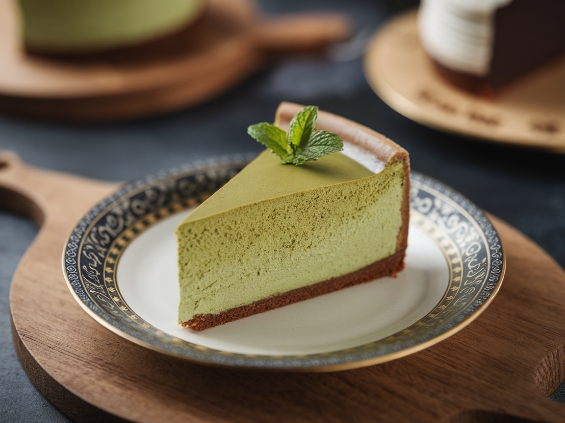 A slice of matcha green tea cheesecake on a decorative plate with a mint leaf garnish