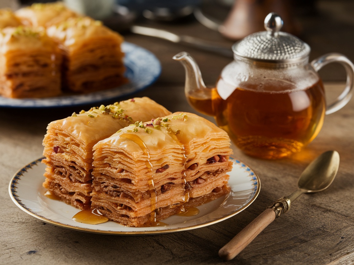 Plate of pistachio baklava drizzled with honey, with a teapot and spoon in the background