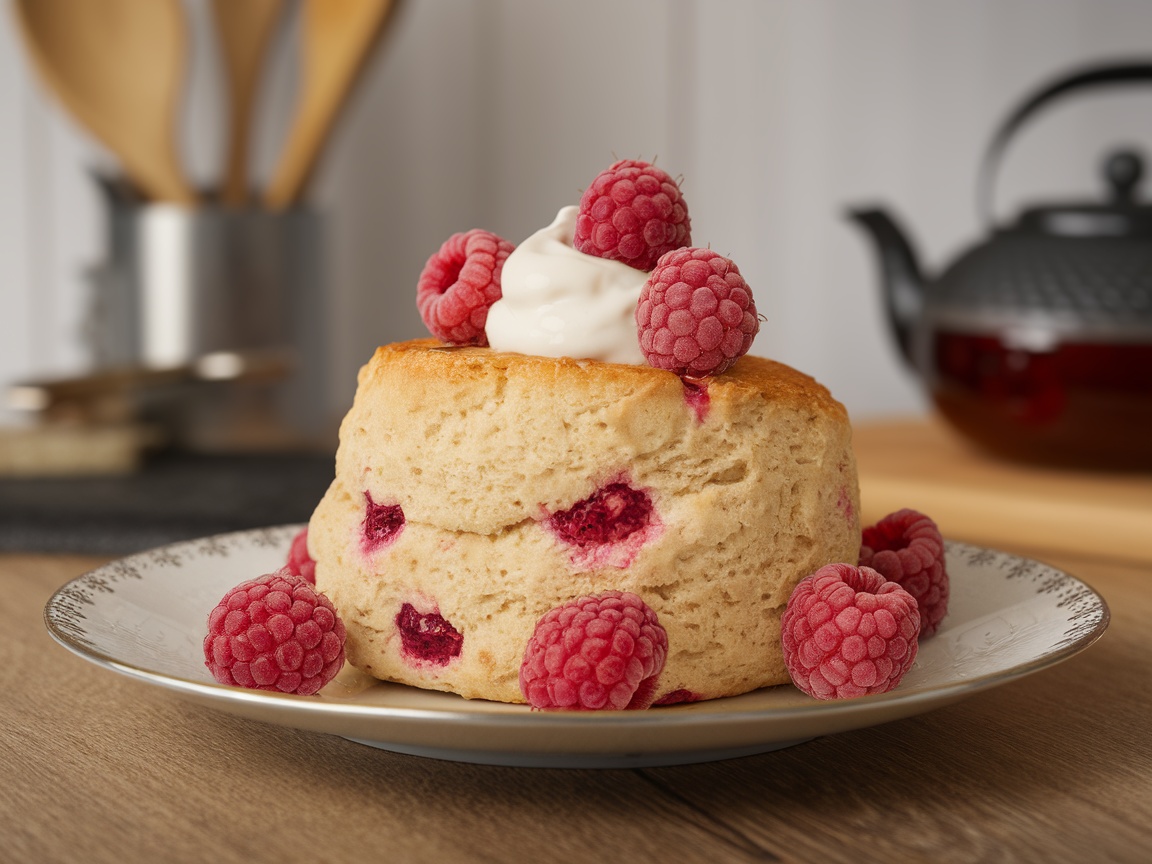 A plate of raspberry scones topped with clotted cream and fresh raspberries.